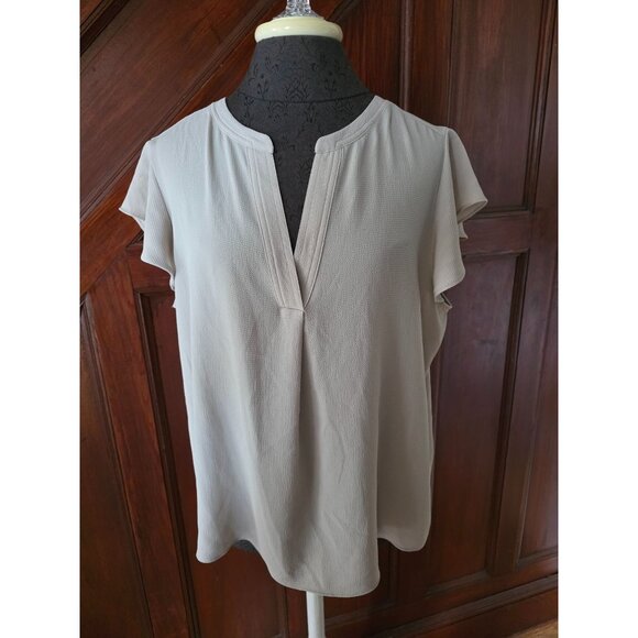 Calvin Klein XL Womens Blouse Beige Textured Short Sleeve V-Neck - Picture 1 of 8
